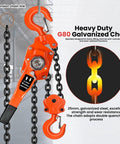 Heavy Duty Manual Lever Hoist With 20ft G80 Chain Swivels Smoothly showing durable galvanized chain and hook design.