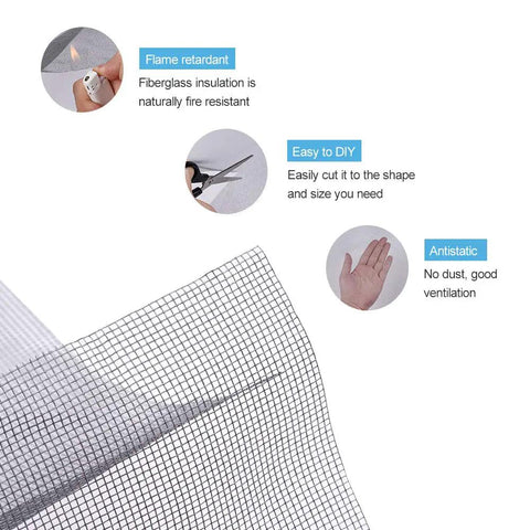 Fiberglass Window Screen Roll With High Visibility And Durable Mesh shown with features: flame retardant, easy to DIY cut, antistatic.