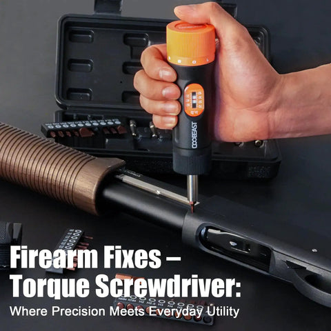 Hand holding a torque screwdriver with storage case, part of 38 Piece Torque Screwdriver Set With 10-70 In-Lb Range, Includes S2 Bits, Sockets, And Storage Case For Bike Repair, Home Maintenance, And DIY Projects, A Great Gift For Men And Weekend Handymen.