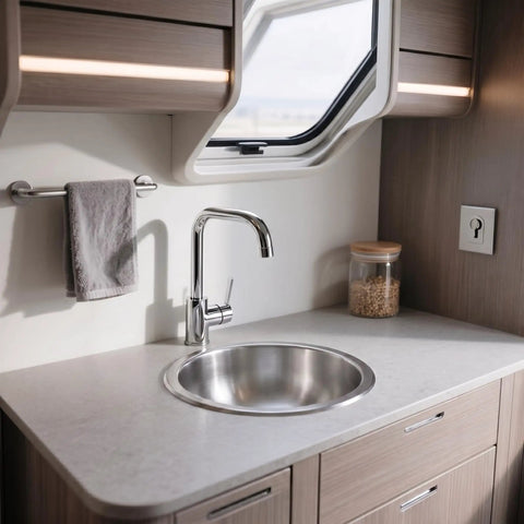 RV kitchen with Stainless Steel Bar Sink 17x19x10 Undermount, 16 Gauge RV And Outdoor Wet Bar Sink With Grids And Drain Strainer
