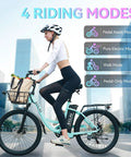 Cyclist on Dope City Cruiser Electric Bike With 24 Inch Wheel Peak 1000W Motor 28 MPH riding in city with front basket.