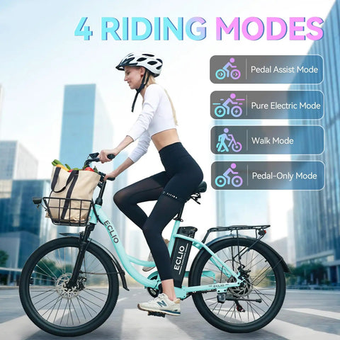 Cyclist on Dope City Cruiser Electric Bike With 24 Inch Wheel Peak 1000W Motor 28 MPH riding in city with front basket.