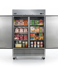 49 Cu Ft Commercial Freezer Double Door Reach In Stainless Steel Upright filled with various frozen foods and meats.
