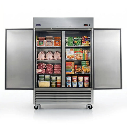 49 Cu Ft Commercial Freezer Double Door Reach In Stainless Steel Upright filled with various frozen foods and meats.