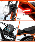 Solid Ride Adult Electric Bike With Upgraded 48V Removable Battery And Dope 1500 Watt Peak Motor close-up of LCD display, headlight, taillight, and saddle.