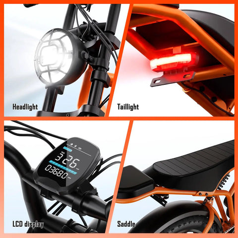 Solid Ride Adult Electric Bike With Upgraded 48V Removable Battery And Dope 1500 Watt Peak Motor close-up of LCD display, headlight, taillight, and saddle.