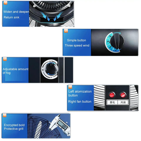 Control panel features of Heavy Duty Standing Misting Fan With Three Speed Settings And Wide Oscillating Head showcasing speed and fog adjustments.