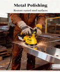 Person using sander with Dustless Sanding Discs Set 50 Pcs 5 Inch 8 Hole Round Sandpaper Grits for metal polishing.