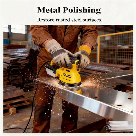 Person using sander with Dustless Sanding Discs Set 50 Pcs 5 Inch 8 Hole Round Sandpaper Grits for metal polishing.