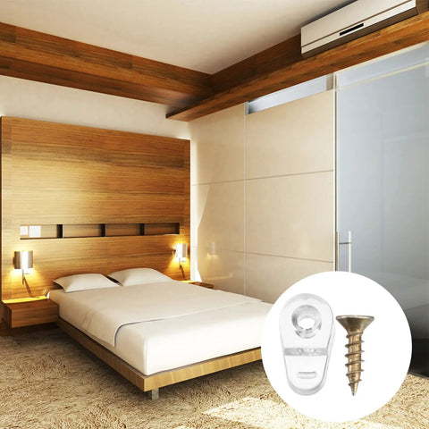20 Piece Glass Retainer Clips Kit With Solid Screws For Cabinet Doors And Windows Includes Heavy Duty Plastic Holders For Mirrors And Panels Easy No Sweat DIY Installation Rock Solid Grip Pro Gear on a stylish bedroom backdrop.