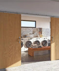 Two wood doors with Exterior Barn Door Hardware Kit With 76 Inch Ceiling Mounted Galvanized Steel Track For One Door Up To 90 Lbs
