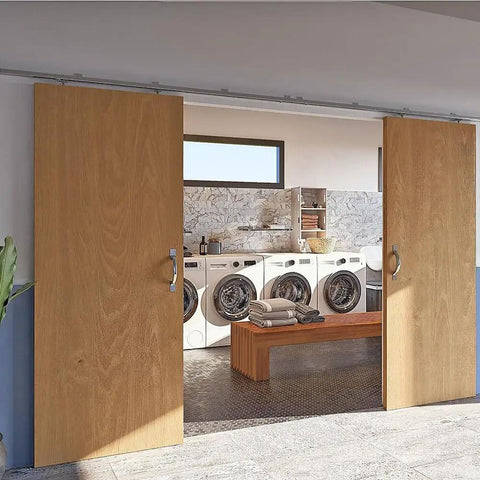 Two wood doors with Exterior Barn Door Hardware Kit With 76 Inch Ceiling Mounted Galvanized Steel Track For One Door Up To 90 Lbs