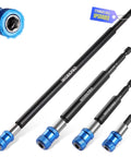 Drill Bit Extension Set Four Piece Magnetic Bit Holder with aluminum sleeve and quick release shown in various lengths.