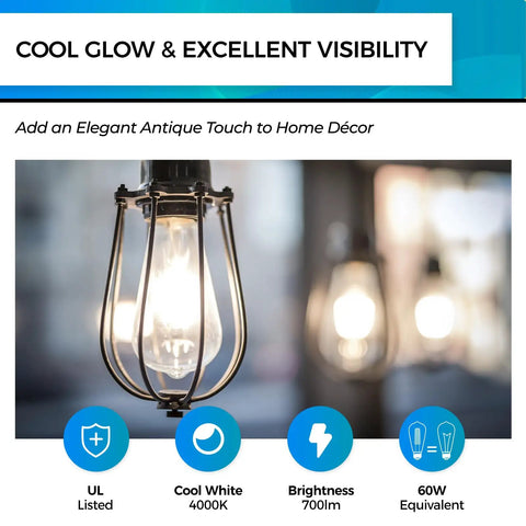 Dimmable Vintage Edison LED Bulbs For E26 Base No Flicker 60W Equivalent 4000K Cool White in lighting fixture