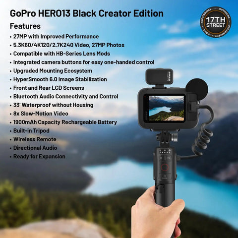 Creator Edition Action Camera Bundle With Volta Grip, showing features like HyperSmooth 6.0 and HDR imaging in hand, overlooking a valley.