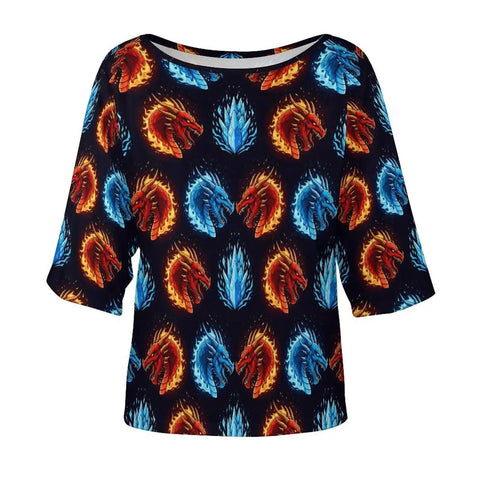 Women Casual Tee With Stretchy Comfort Loose Fit Ice Fire Dragons Print Boat Neck Short Sleeve Top For Everyday Wear