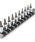 One Quarter Inch Drive Torx Socket Set, 10-Piece With Rail, T6 Through T30, S2 Steel Bits arranged on a durable tool rail