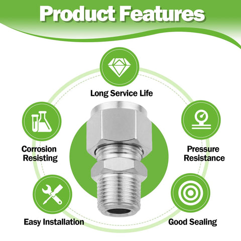 Stainless steel 304 compression adapter with 3/4 in OD to 3/4 in NPT male threads, front view; pack of 2.