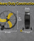Industrial 36 Inch Drum Fan Workhorse With Heavy Duty Metal Construction 18600 CFM shown front and side view