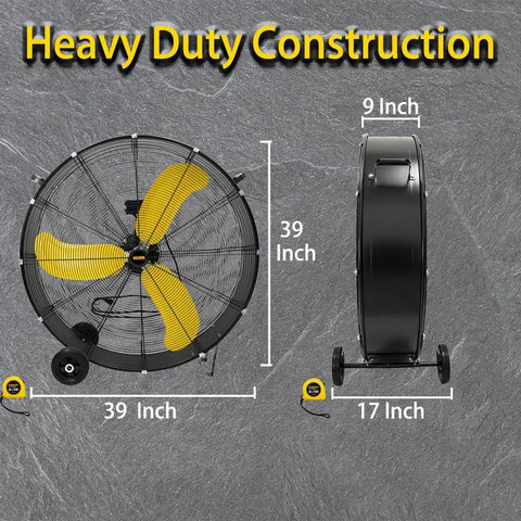 Industrial 36 Inch Drum Fan Workhorse With Heavy Duty Metal Construction 18600 CFM shown front and side view