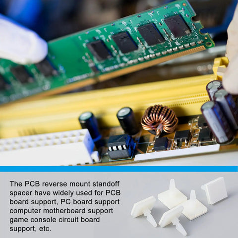Hands installing a RAM module on a motherboard with 100 Pcs Sticky PCB Spacers Adhesive Insulated Standoffs shown in close-up
