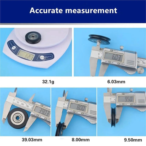 Measurements of 20 Pack U Groove Plastic Coated 608ZZ Bearings, showcasing weight, diameter, and precision dimensions.