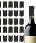 Premium Black Heat Shrink Bottle Caps For Wine And Spirit Sealing With No Sweat Party Wraps For Oil Jars And Crafts heavy duty plastic caps next to a wine bottle.