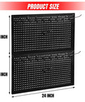 22 Piece Metal Wall Pegboard Tool Organizer System For Garage And Workshop Storage Modular Pegboard Panels In Black Heavy Duty Steel With Powder Coat Finish Keeps Tools Neat Accessible And Ready To Grab shown with dimensions.