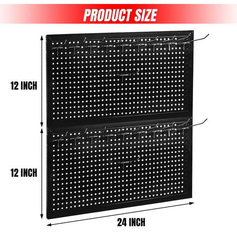 22 Piece Metal Wall Pegboard Tool Organizer System For Garage And Workshop Storage Modular Pegboard Panels In Black Heavy Duty Steel With Powder Coat Finish Keeps Tools Neat Accessible And Ready To Grab shown with dimensions.