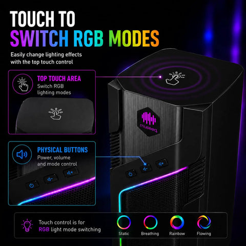 Close-up of RGB Gaming Speakers for PC with 21 Lighting Modes, showcasing top touch area and control buttons on stereo speakers.