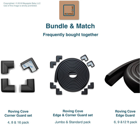 Roving Cove Bundle with corner and edge guards, 4 large corner protectors for baby safety, rubber foam bumper guards, pre-taped.