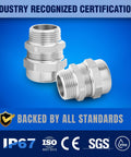 Two IP68 certified stainless steel cable glands with threads against a blue background. Industry certifications below.