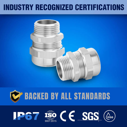 Two IP68 certified stainless steel cable glands with threads against a blue background. Industry certifications below.
