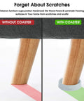 Side-by-side comparison of furniture leg on floor, with Eight Pack 3 Inch Round Rubber Furniture Caster Cups Non Slip Pads For Hardwood Floors, Tile, Laminate And Carpet Floors, Anti Slip Floor Protectors For Beds And Couches Gray.