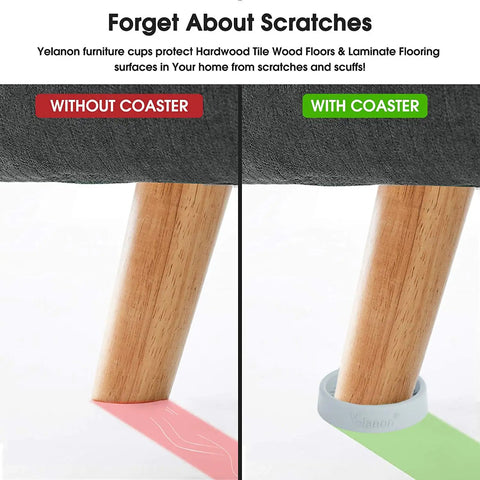 Side-by-side comparison of furniture leg on floor, with Eight Pack 3 Inch Round Rubber Furniture Caster Cups Non Slip Pads For Hardwood Floors, Tile, Laminate And Carpet Floors, Anti Slip Floor Protectors For Beds And Couches Gray.