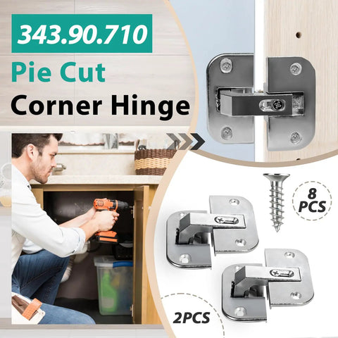 Two Piece Adjustable Pie Cut Corner Cabinet Hinge With Heavy Duty Nickel Plating And Quick Height Tuning For Smoother Door Swing and Truly Hassle Free Diy Cabinet Repairs with screws and installation.