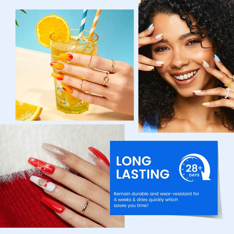 Gel Nail Polish Set With 24 Vivid Colors, 18ml Bottles, showcasing colorful manicures and long-lasting formula details.