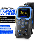 Auto-Ranging Digital Multimeter With 9999 Counts TRMS, Rechargeable, showing voltage measurement on screen, pro-grade tester