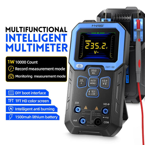 Auto-Ranging Digital Multimeter With 9999 Counts TRMS, Rechargeable, showing voltage measurement on screen, pro-grade tester
