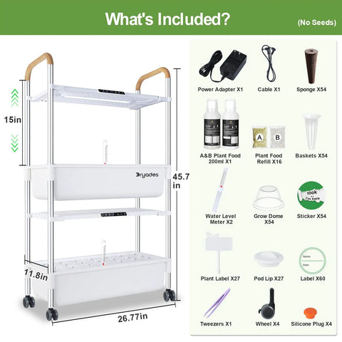Movable Two Layer Indoor Hydroponic Garden System with 54 Pods and 30W LED Grow Light, components list shown
