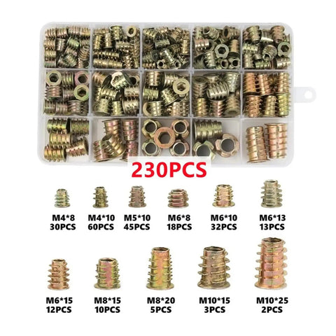 Kickass Zinc Alloy Insert Nuts With Flanged Hex Drive Head For No Sweat Furniture Assembly M4 M6 M8 M10 Screw In Socket Hardware 230 Piece Set showing various sizes in secure storage box.