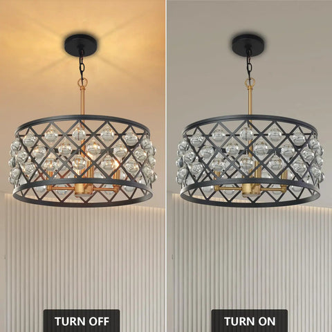 17.8 Inch Crystal Chandelier Pendant Light With Large Round Black Metal Frame And Crystal Ball Orbs, lights on and off display