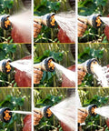 Hand holding a multi-pattern spray nozzle spraying water, showcasing the Built Tough Stainless Steel Garden Hose Reel Featuring A Slick Auto Retracting System For Quick Wall Or Floor Mount Setup To Keep Your Backyard Clean And Ready For Everyday Use With A Durable Forty Meter Hose Attached.