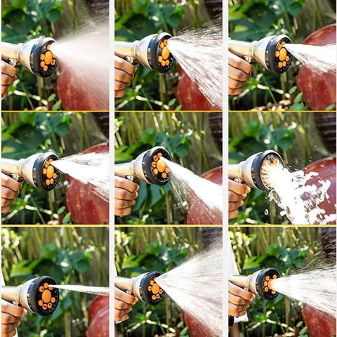 Hand holding a multi-pattern spray nozzle spraying water, showcasing the Built Tough Stainless Steel Garden Hose Reel Featuring A Slick Auto Retracting System For Quick Wall Or Floor Mount Setup To Keep Your Backyard Clean And Ready For Everyday Use With A Durable Forty Meter Hose Attached.
