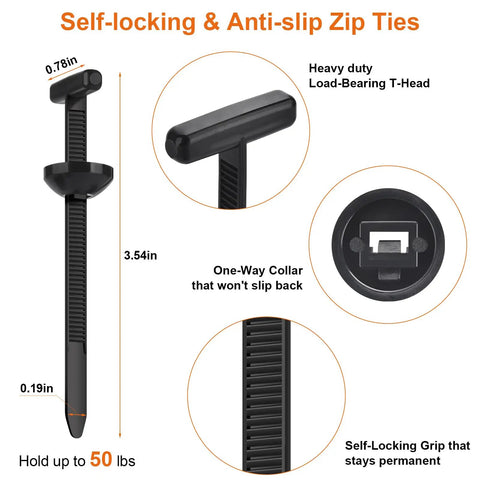 200Pcs Cable Tie Buckle Universal Unbreakable Zip Tie Clips for car fender with self-locking grip and T-head design