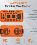 Heavy Duty 2000W Pure Sine Wave Power Inverter Converts 12V DC To 120V AC For RV And Truck With 4000 Watt Surge Output with LCD.