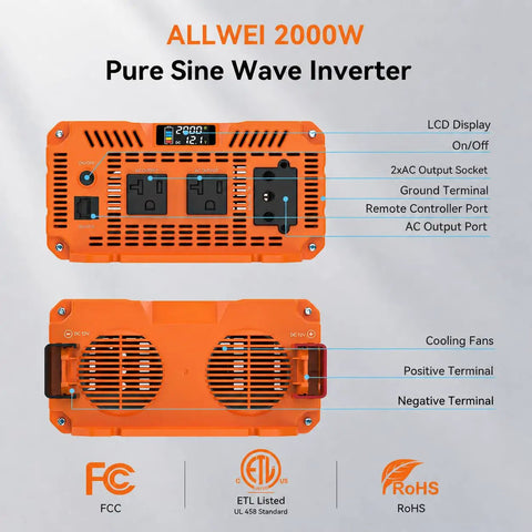 Heavy Duty 2000W Pure Sine Wave Power Inverter Converts 12V DC To 120V AC For RV And Truck With 4000 Watt Surge Output with LCD.