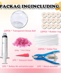 Image of 12 Piece DIY Stress Ball Making Kit With Sealing Rubber Rings Cable Ties Balloon Expander Vacuum Tool And 100g Pink Filling Beads, showing each component.