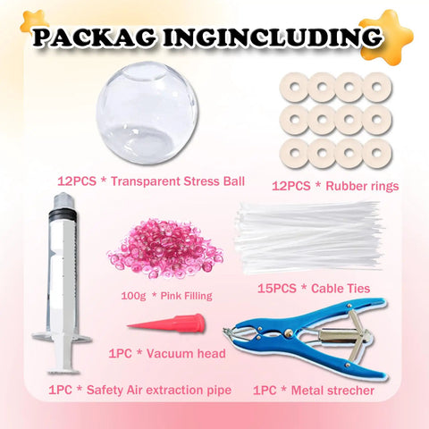 Image of 12 Piece DIY Stress Ball Making Kit With Sealing Rubber Rings Cable Ties Balloon Expander Vacuum Tool And 100g Pink Filling Beads, showing each component.