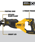 Heavy Duty Cordless Reciprocating Saw Powered By A Beefy Brushless Motor And Snappy Variable Trigger, Keyless Blade Clamp, Compact Badass Frame designed with pivoting shoe and bright LED.